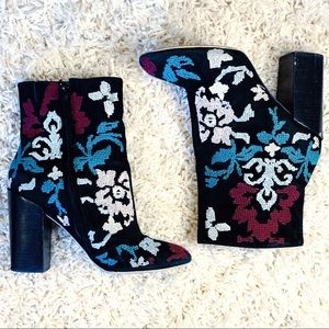 Vintage Rebecca Minkoff Floral Embroidered Suede  Chunky Heel Ankle Boot